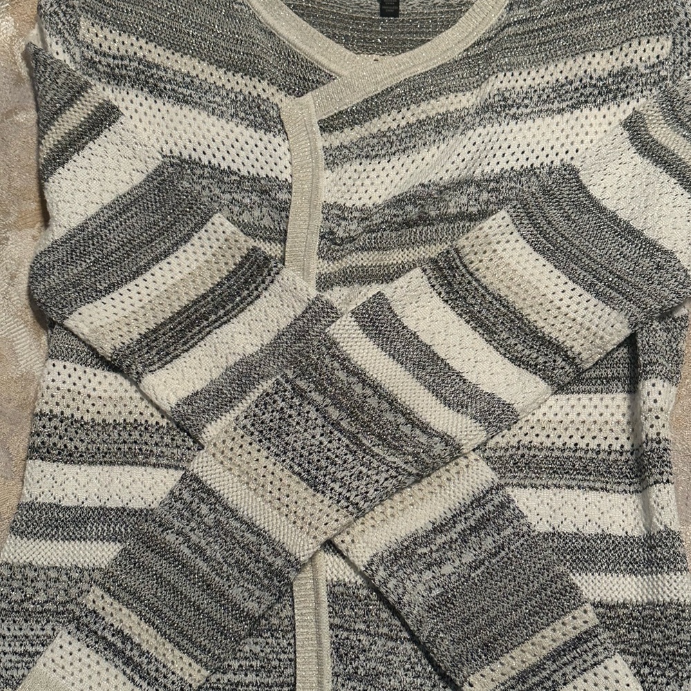 White House Black Market Striped Gray and Cream Women's Sweater